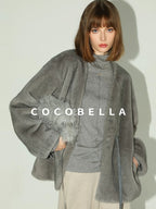 COCOBELLA Faux Fur Straight V Neck Long Sleeve Women Silver Blue Polyester Jackets