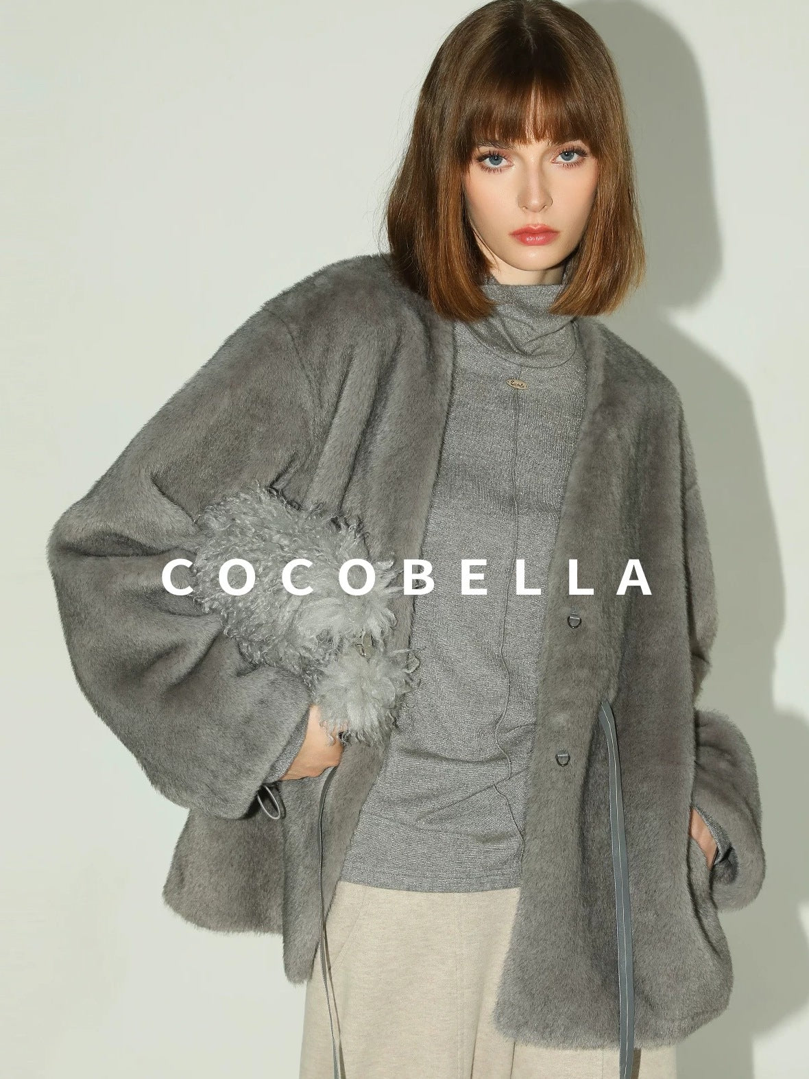 COCOBELLA Faux Fur Straight V Neck Long Sleeve Women Silver Blue Polyester Jackets