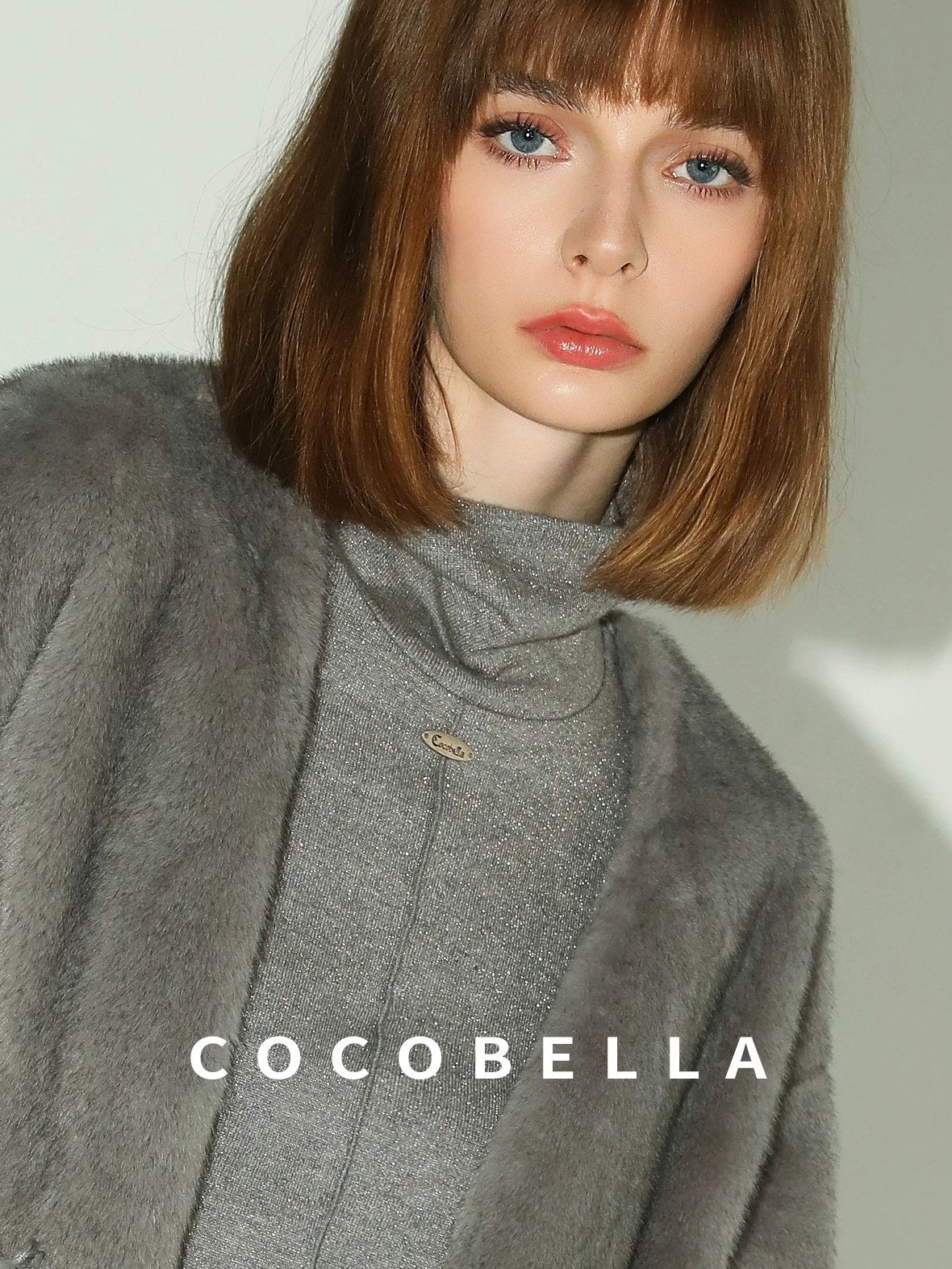 COCOBELLA Faux Fur Straight V Neck Long Sleeve Women Silver Blue Polyester Jackets