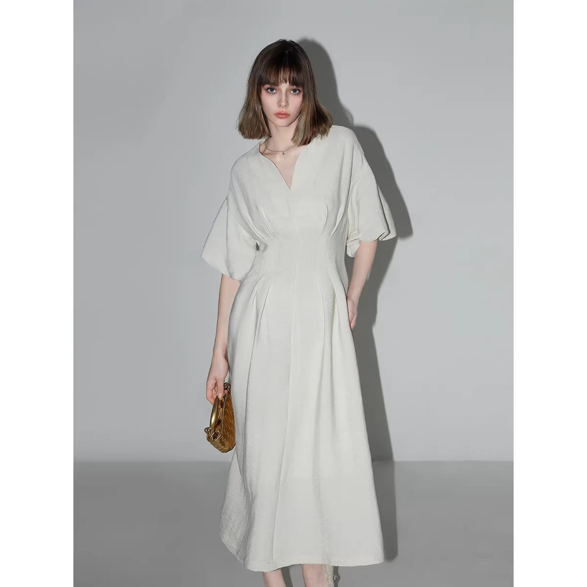 COCOBELLA_Flattering_Cinched_Waist_Pleated_A_Line_V_Neck_Puff_Sleeve_Women_Dresses_MISSTT