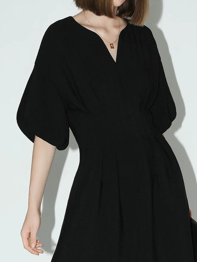 COCOBELLA Flattering Cinched Waist Pleated A Line V Neck Puff Sleeve Women Dresses