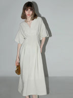 COCOBELLA Flattering Cinched Waist Pleated A Line V Neck Puff Sleeve Women Dresses