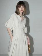 COCOBELLA Flattering Cinched Waist Pleated A Line V Neck Puff Sleeve Women Dresses