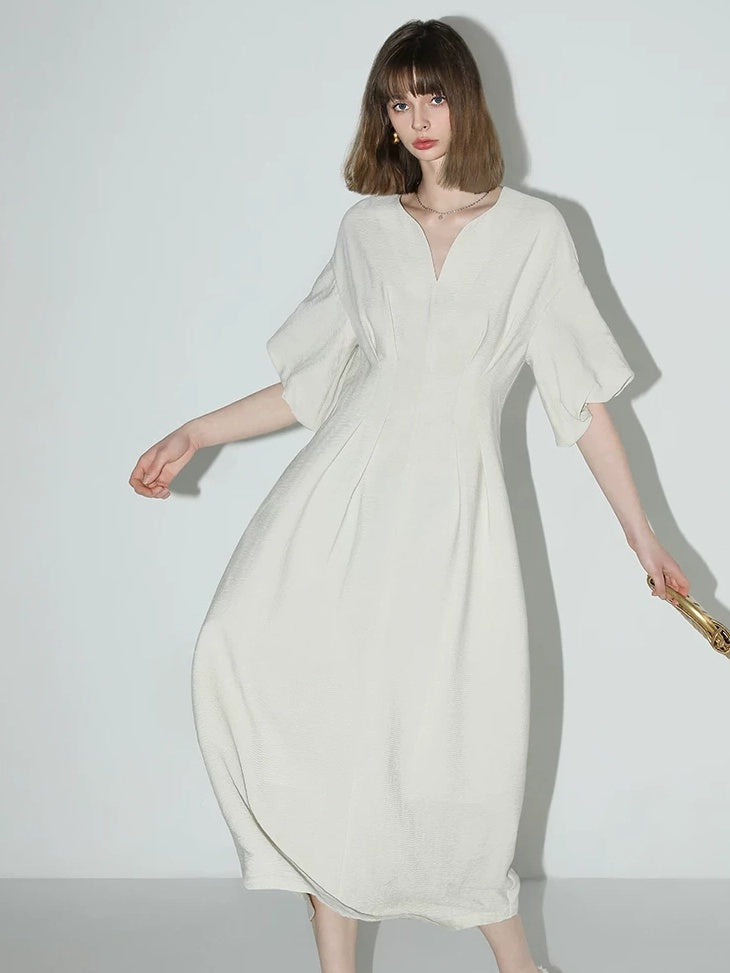 COCOBELLA Flattering Cinched Waist Pleated A Line V Neck Puff Sleeve Women Dresses