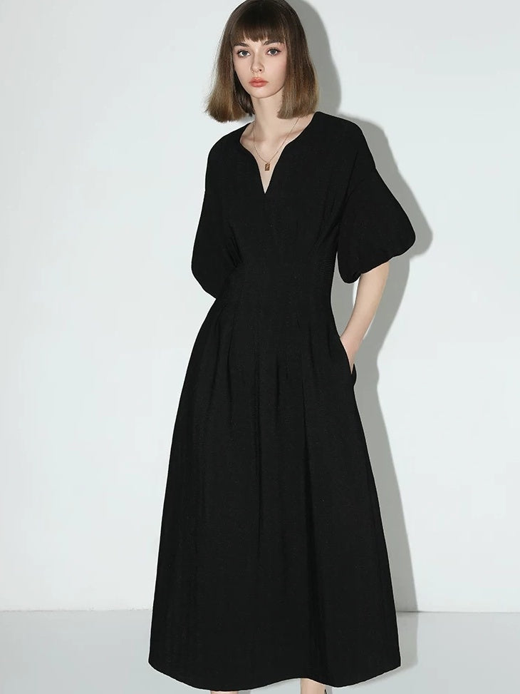 COCOBELLA Flattering Cinched Waist Pleated A Line V Neck Puff Sleeve Women Dresses