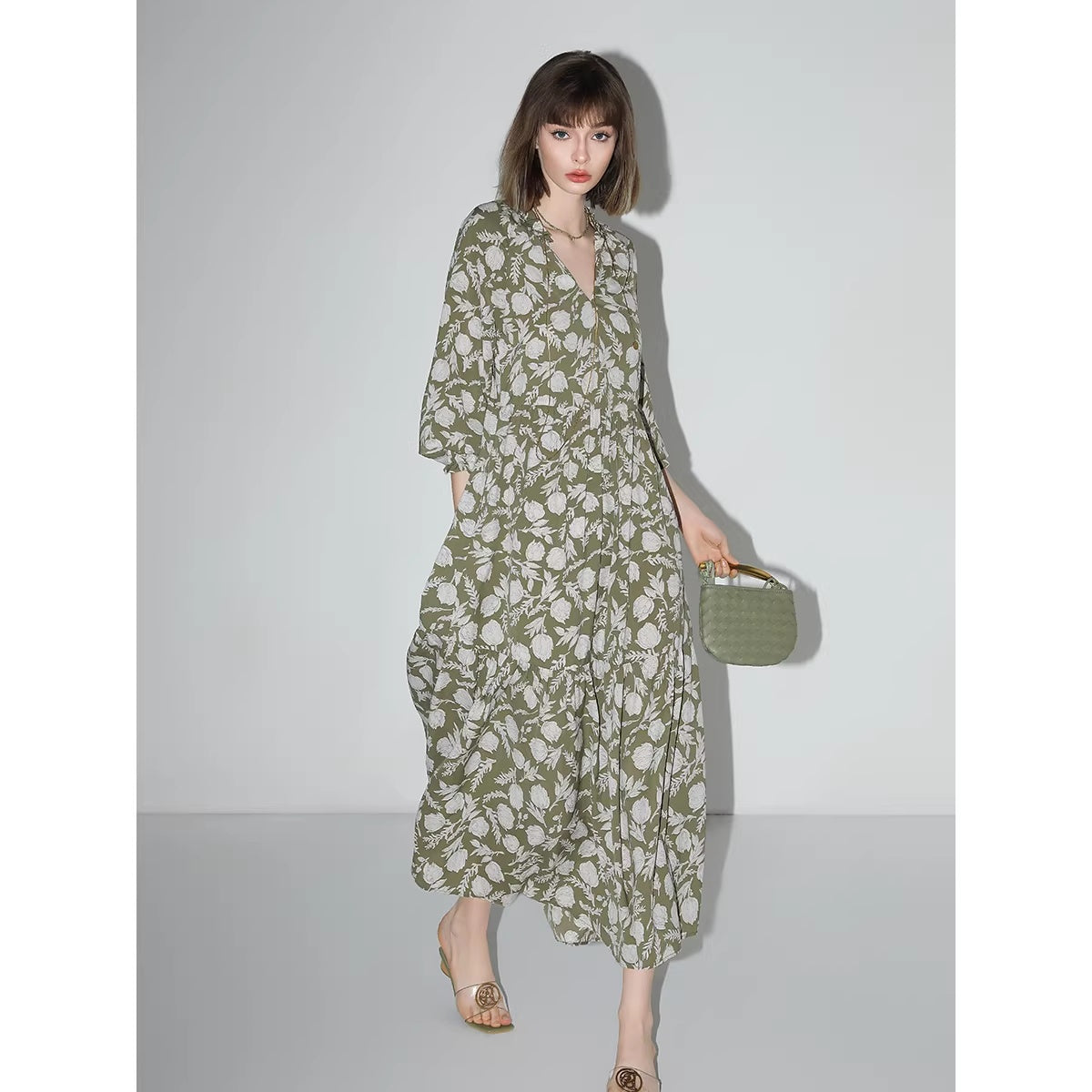 COCOBELLA_Flattering_High_Waist_A_Line_V_Neck_Floral_Tea_Dress_For_Office_Matcha_Dresses_MISSTT