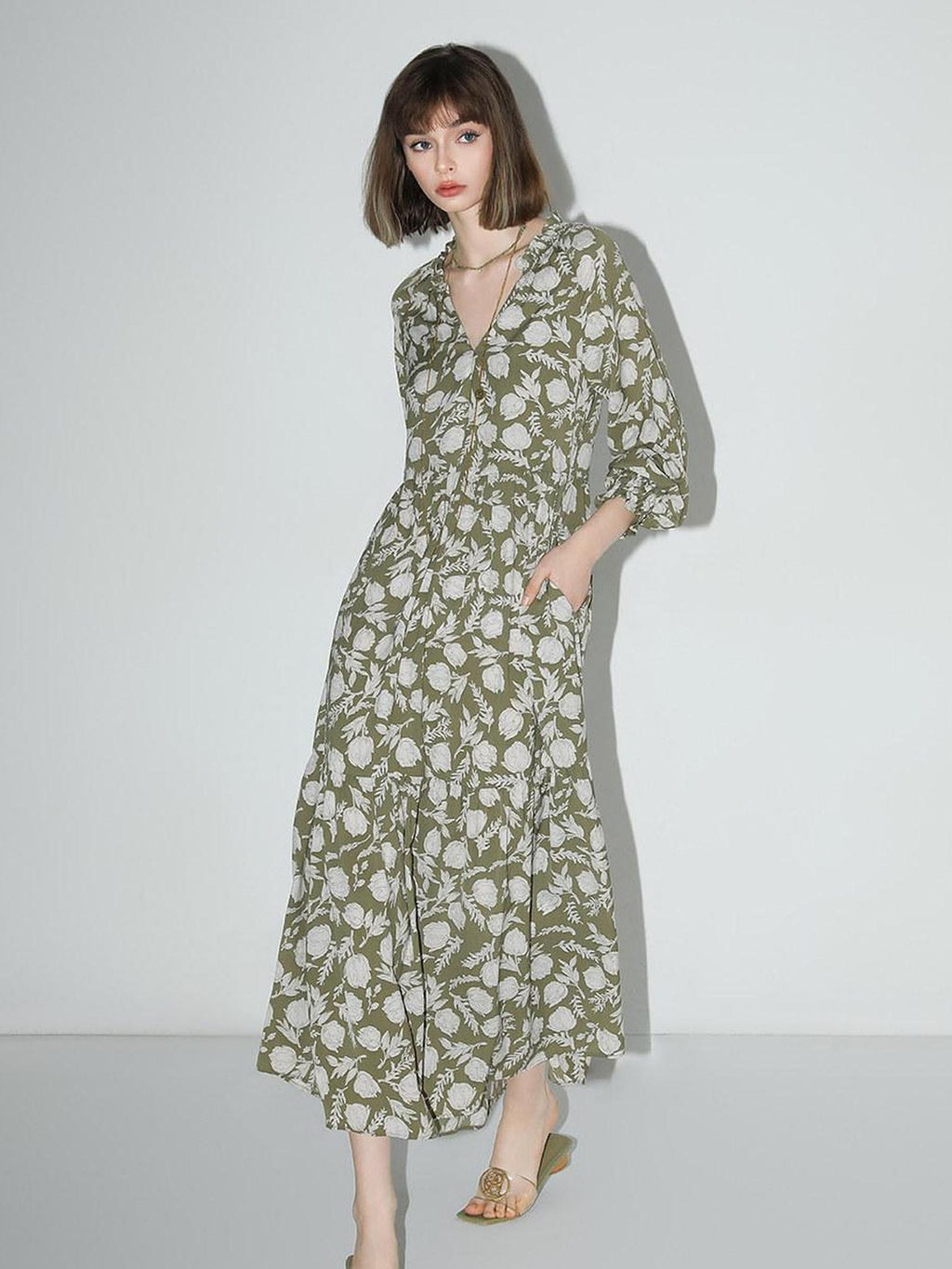 COCOBELLA Flattering High Waist A Line V Neck Floral Tea Dress For Office Matcha Dresses