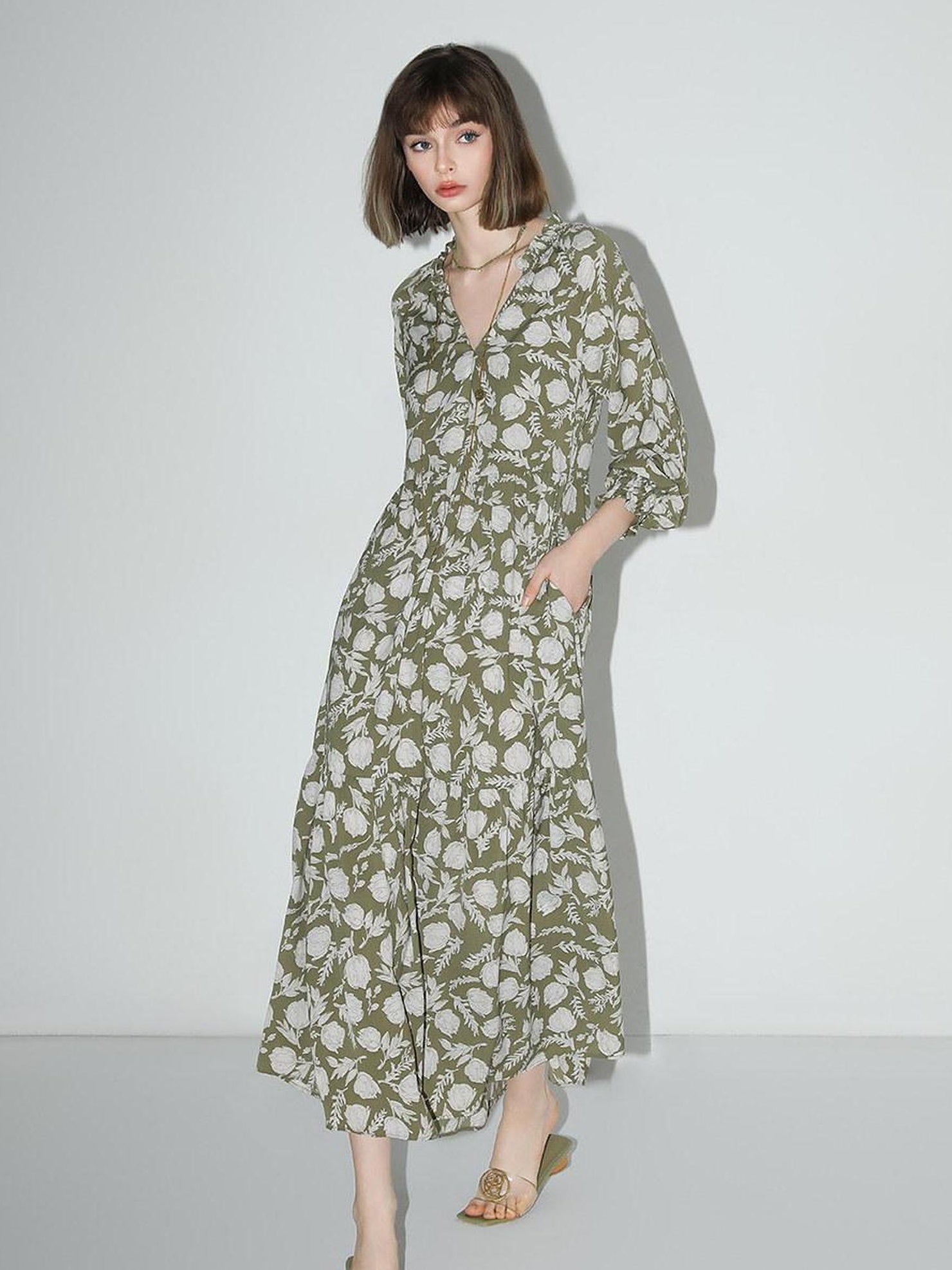 COCOBELLA Flattering High Waist A Line V Neck Floral Tea Dress For Office Matcha Dresses