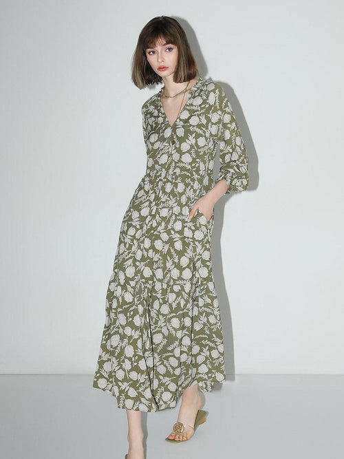 COCOBELLA Flattering High Waist A Line V Neck Floral Tea Dress For Office Matcha Dresses