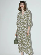 COCOBELLA Flattering High Waist A Line V Neck Floral Tea Dress For Office Matcha Dresses