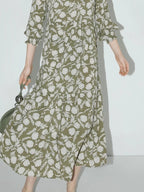 COCOBELLA Flattering High Waist A Line V Neck Floral Tea Dress For Office Matcha Dresses