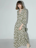 COCOBELLA Flattering High Waist A Line V Neck Floral Tea Dress For Office Matcha Dresses