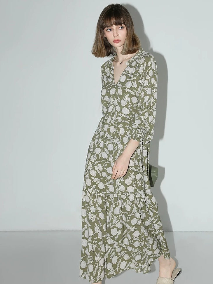 COCOBELLA Flattering High Waist A Line V Neck Floral Tea Dress For Office Matcha Dresses