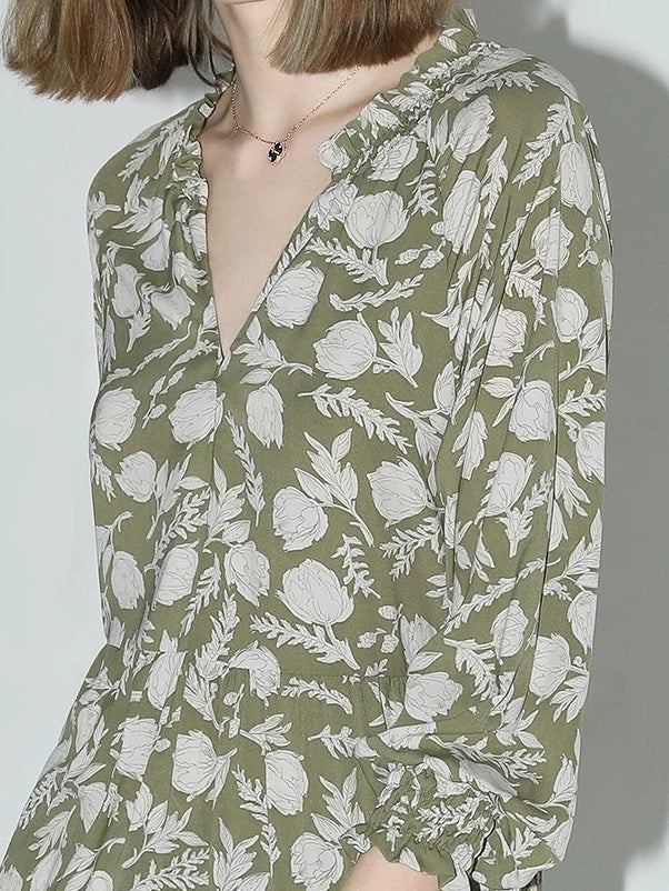 COCOBELLA Flattering High Waist A Line V Neck Floral Tea Dress For Office Matcha Dresses