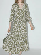 COCOBELLA Flattering High Waist A Line V Neck Floral Tea Dress For Office Matcha Dresses