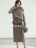 COCOBELLA Flattering High Waist Asymmetric Ruffle Straight Office Maxi Tobacco Skirts