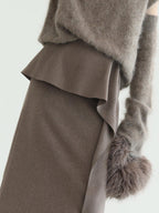 COCOBELLA Flattering High Waist Asymmetric Ruffle Straight Office Maxi Tobacco Skirts
