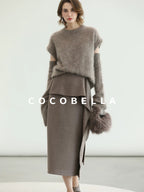 COCOBELLA Flattering High Waist Asymmetric Ruffle Straight Office Maxi Tobacco Skirts