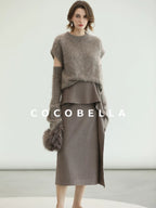 COCOBELLA Flattering High Waist Asymmetric Ruffle Straight Office Maxi Tobacco Skirts