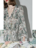 COCOBELLA Floral High Waist Sweet Boho V Neck Lantern Sleeve A Line Tea Style Dresses