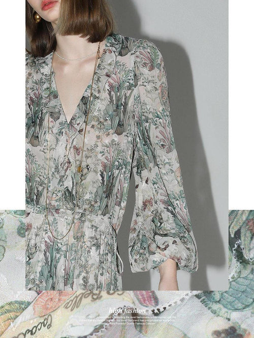 COCOBELLA Floral High Waist Sweet Boho V Neck Lantern Sleeve A Line Tea Style Dresses