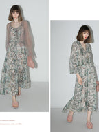 COCOBELLA Floral High Waist Sweet Boho V Neck Lantern Sleeve A Line Tea Style Dresses