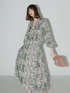 COCOBELLA Floral High Waist Sweet Boho V Neck Lantern Sleeve A Line Tea Style Dresses