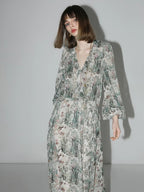 COCOBELLA Floral High Waist Sweet Boho V Neck Lantern Sleeve A Line Tea Style Dresses