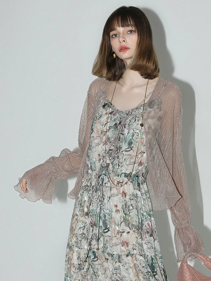 COCOBELLA Floral Ruffle V Neck A Line Spaghetti Adjustable Waist Elegant Women Dresses