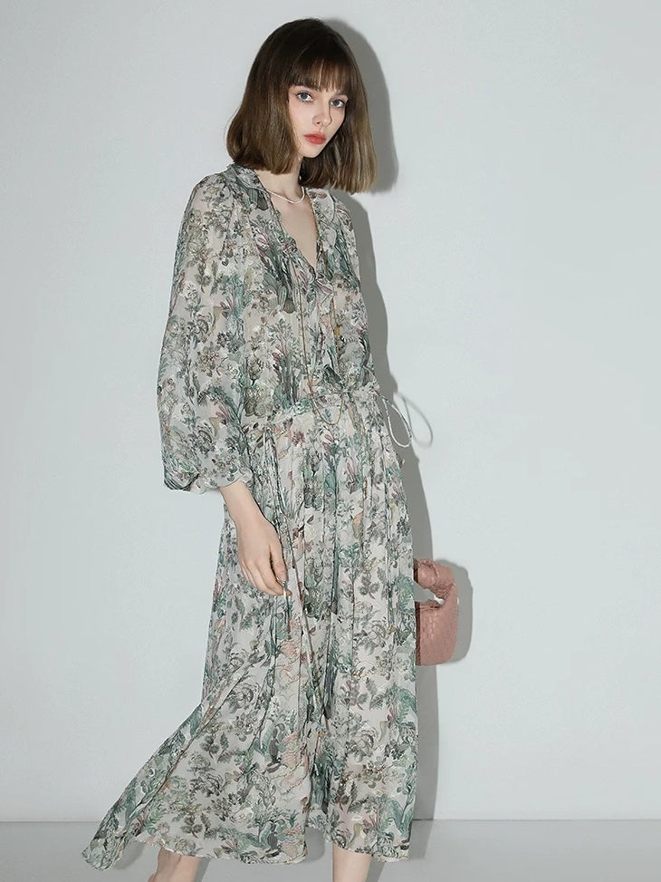 COCOBELLA Floral Ruffle V Neck A Line Spaghetti Adjustable Waist Elegant Women Dresses