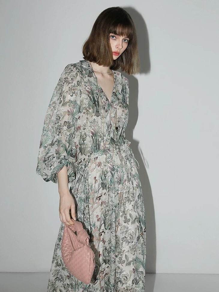 COCOBELLA Floral Ruffle V Neck A Line Spaghetti Adjustable Waist Elegant Women Dresses