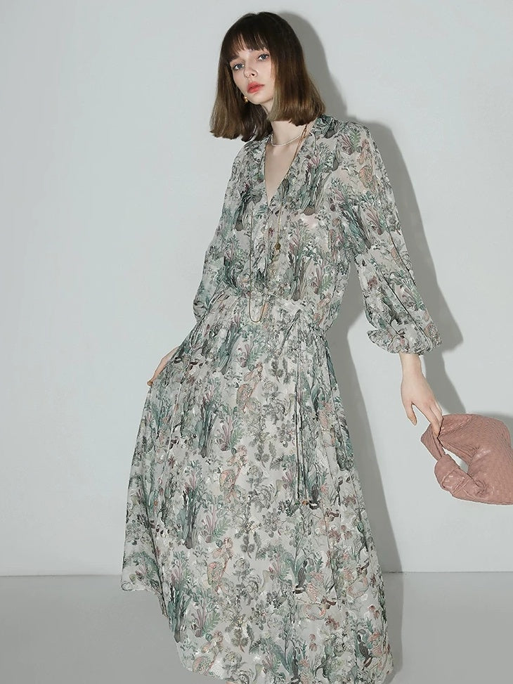COCOBELLA Floral Ruffle V Neck A Line Spaghetti Adjustable Waist Elegant Women Dresses