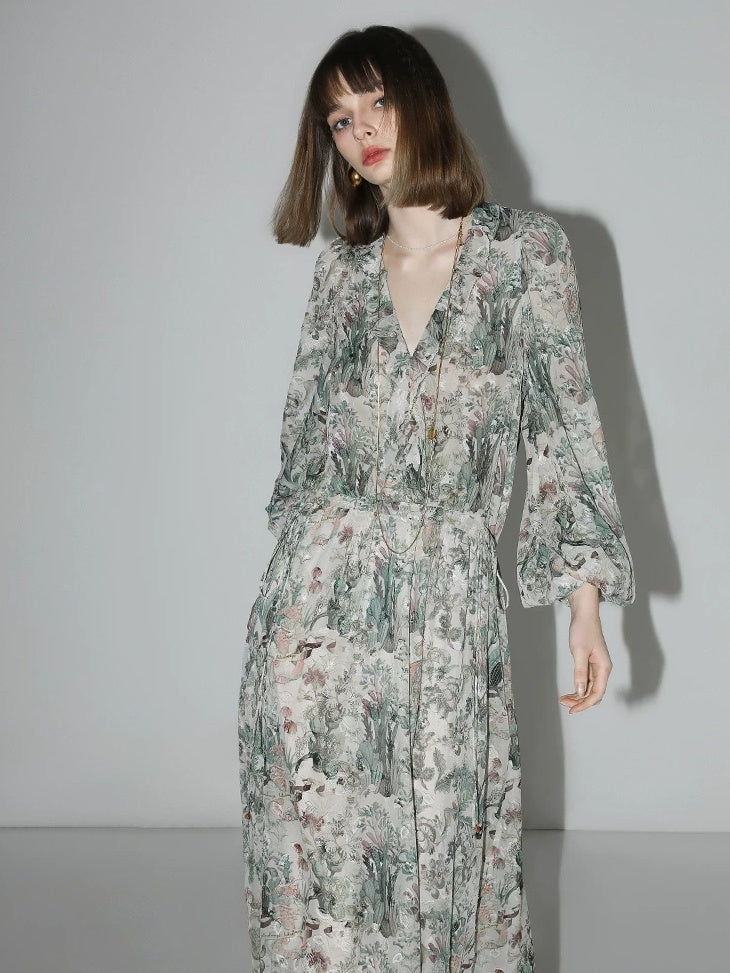 COCOBELLA Floral Ruffle V Neck A Line Spaghetti Adjustable Waist Elegant Women Dresses