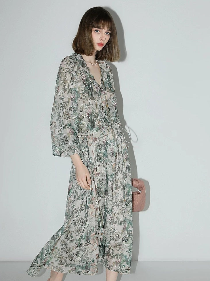 COCOBELLA Floral Ruffle V Neck A Line Spaghetti Adjustable Waist Elegant Women Dresses
