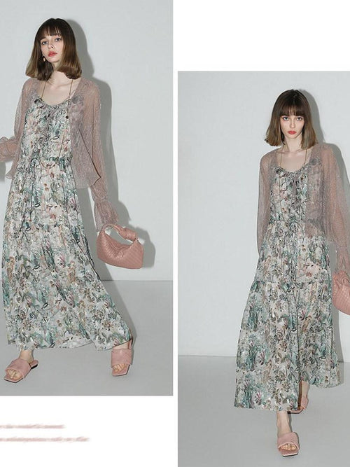 COCOBELLA Floral Ruffle V Neck A Line Spaghetti Adjustable Waist Elegant Women Dresses