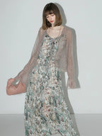 COCOBELLA Floral Ruffle V Neck A Line Spaghetti Adjustable Waist Elegant Women Dresses