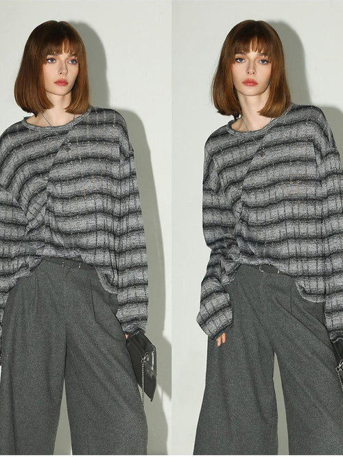 COCOBELLA Frayed Jacquard Loose Fit Streetwear Striped Long Sleeve Crewneck Shirts