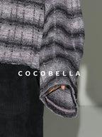 COCOBELLA Frayed Jacquard Loose Fit Streetwear Striped Long Sleeve Crewneck Shirts