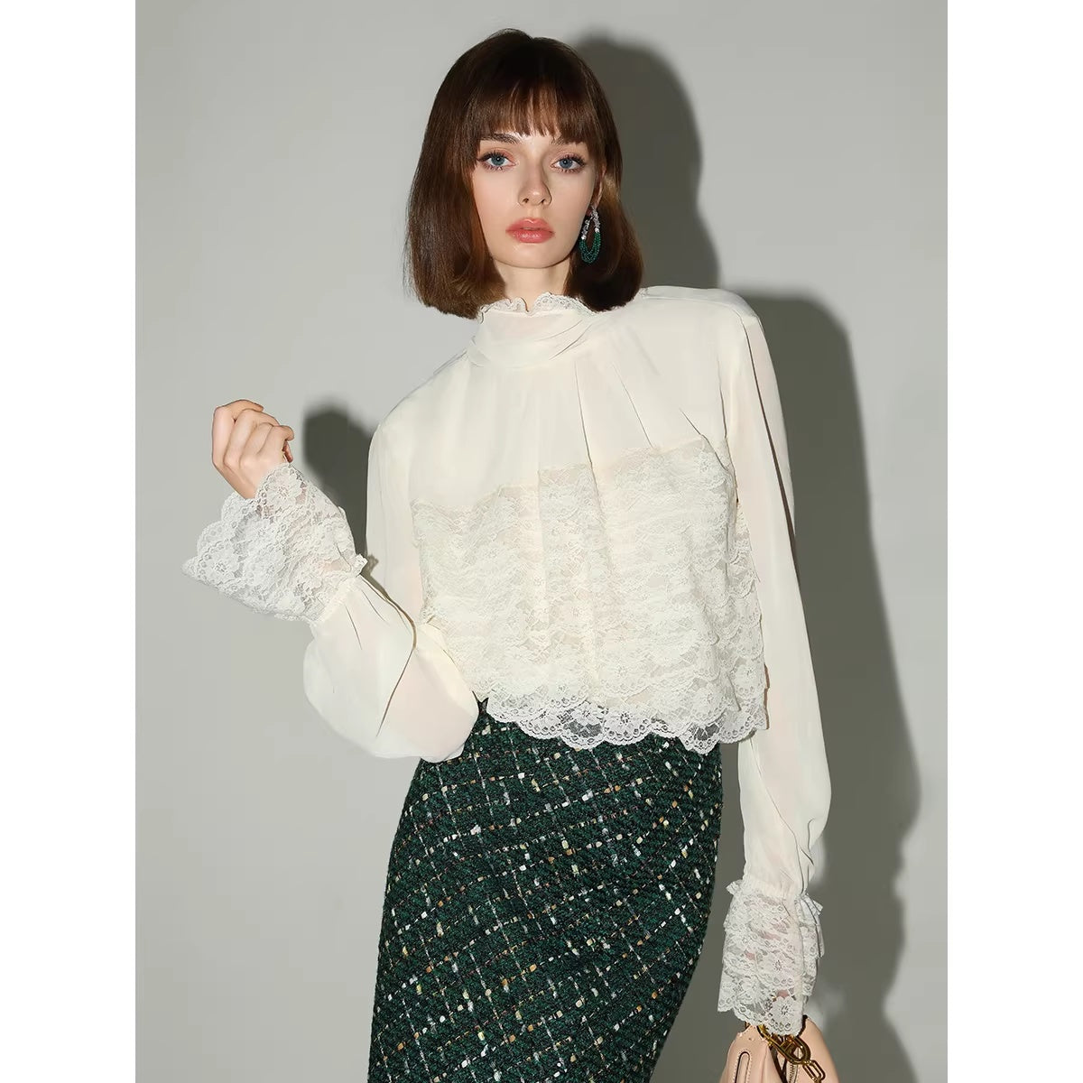 COCOBELLA_French_Lace_Patchwork_Straight_Fit_Stand_Collar_Long_Sleeve_Women_T-Shirts_MISSTT