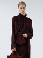 COCOBELLA French Lace Patchwork Straight Fit Stand Collar Long Sleeve Women T-Shirts