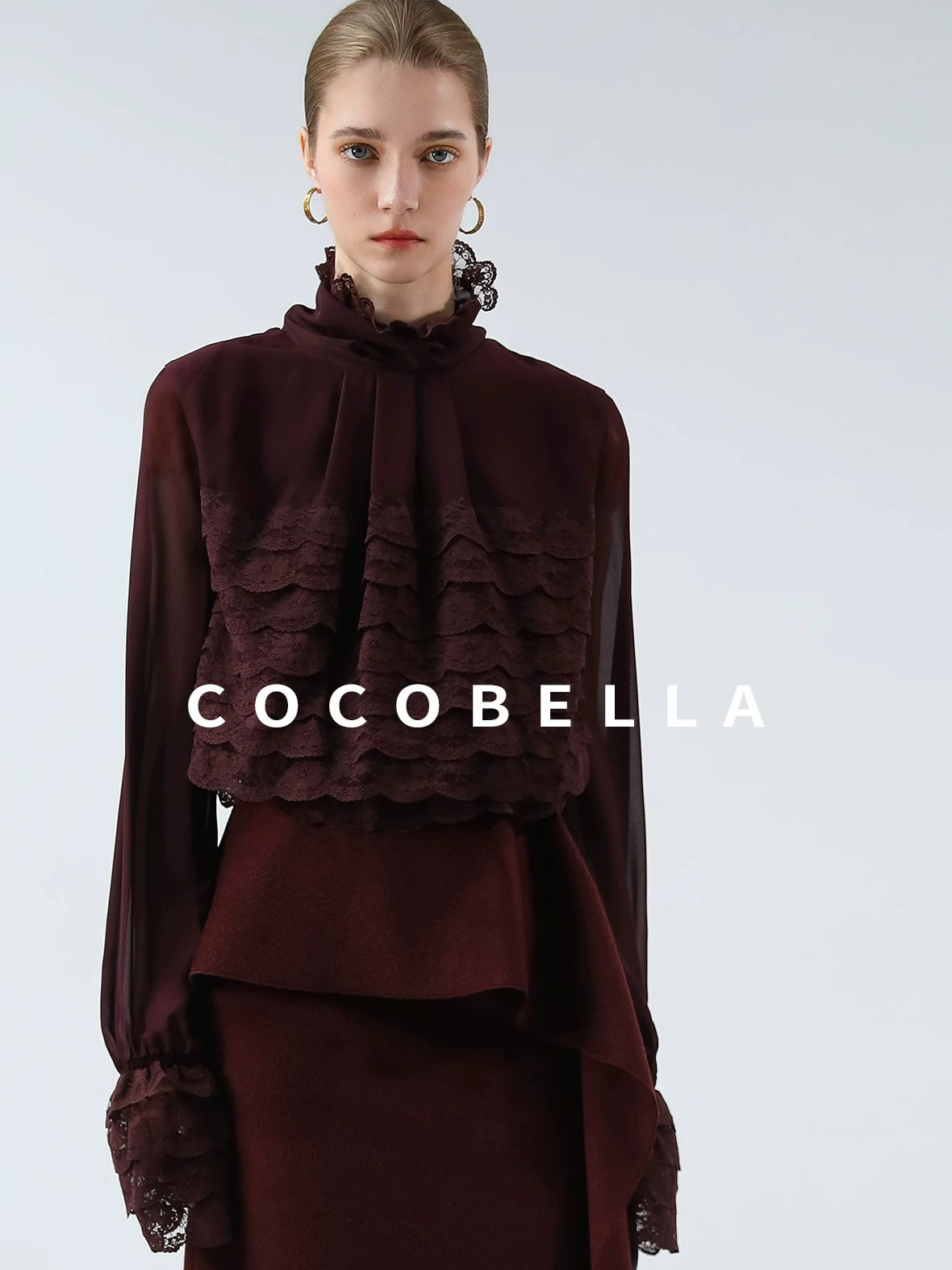 COCOBELLA French Lace Patchwork Straight Fit Stand Collar Long Sleeve Women T-Shirts