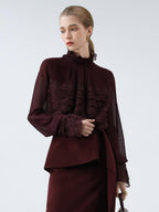 COCOBELLA French Lace Patchwork Straight Fit Stand Collar Long Sleeve Women T-Shirts