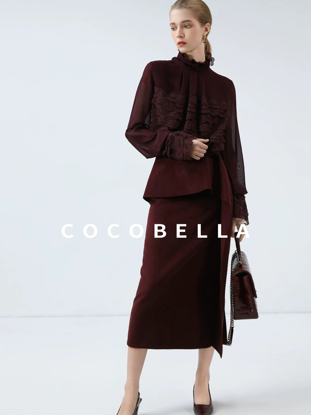 COCOBELLA French Lace Patchwork Straight Fit Stand Collar Long Sleeve Women T-Shirts
