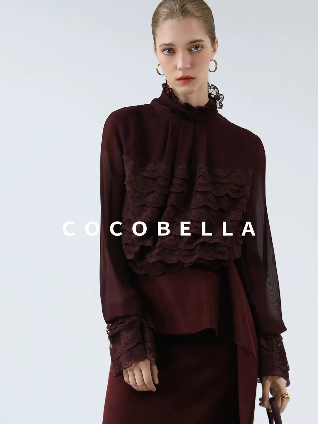 COCOBELLA French Lace Patchwork Straight Fit Stand Collar Long Sleeve Women T-Shirts