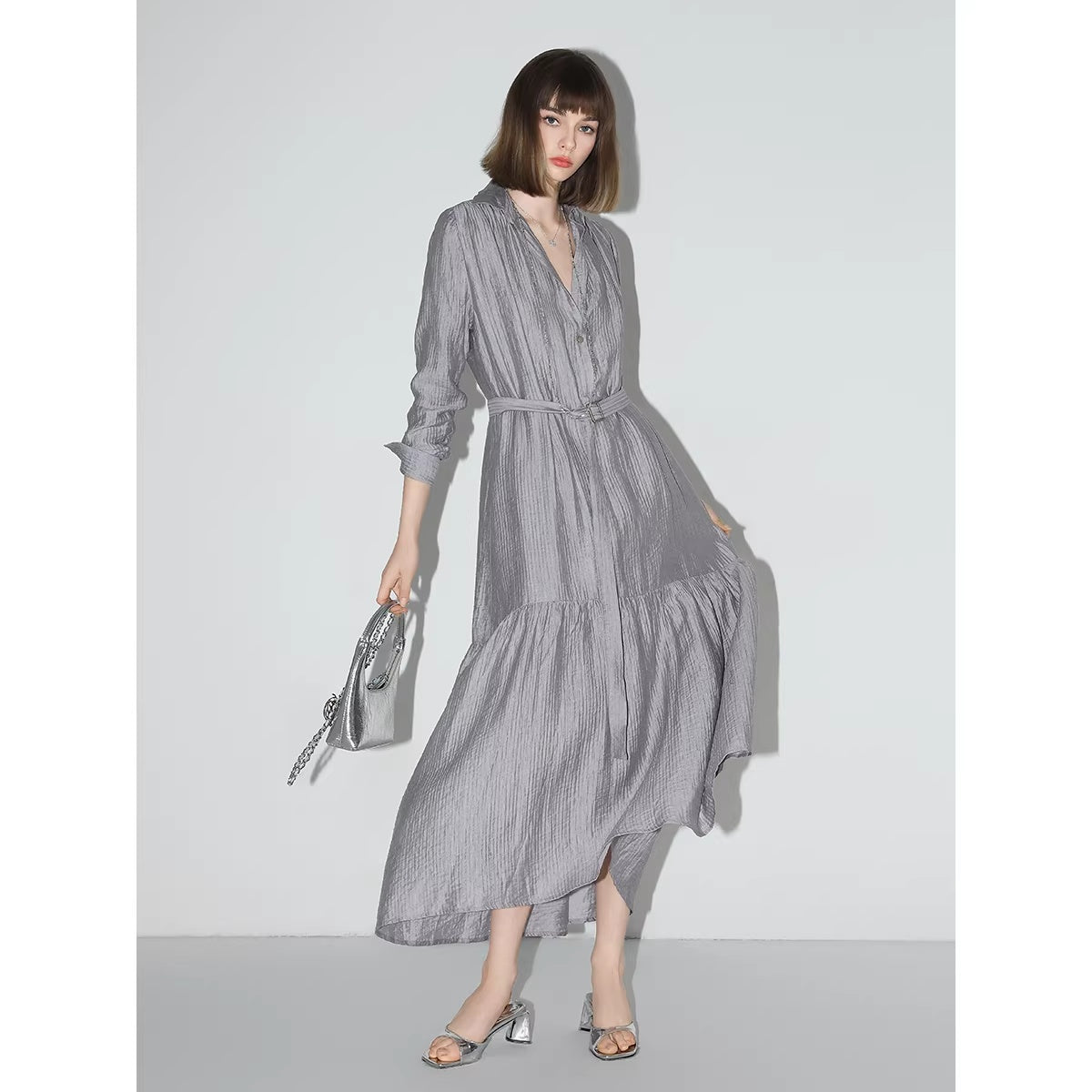 COCOBELLA_French_Pleated_Belted_High_Waist_Tencel_Blend_Aline_Shirt_Dress_Office_Shirts_MISSTT