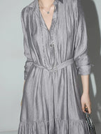 COCOBELLA French Pleated Belted High Waist Tencel Blend Aline Shirt Dress Office Shirts