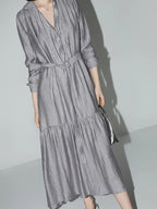 COCOBELLA French Pleated Belted High Waist Tencel Blend Aline Shirt Dress Office Shirts
