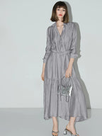 COCOBELLA French Pleated Belted High Waist Tencel Blend Aline Shirt Dress Office Shirts