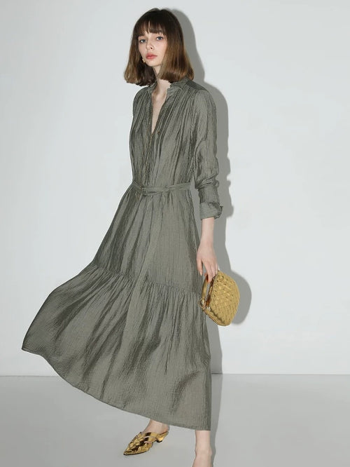 COCOBELLA French Pleated Belted High Waist Tencel Blend Aline Shirt Dress Office Shirts