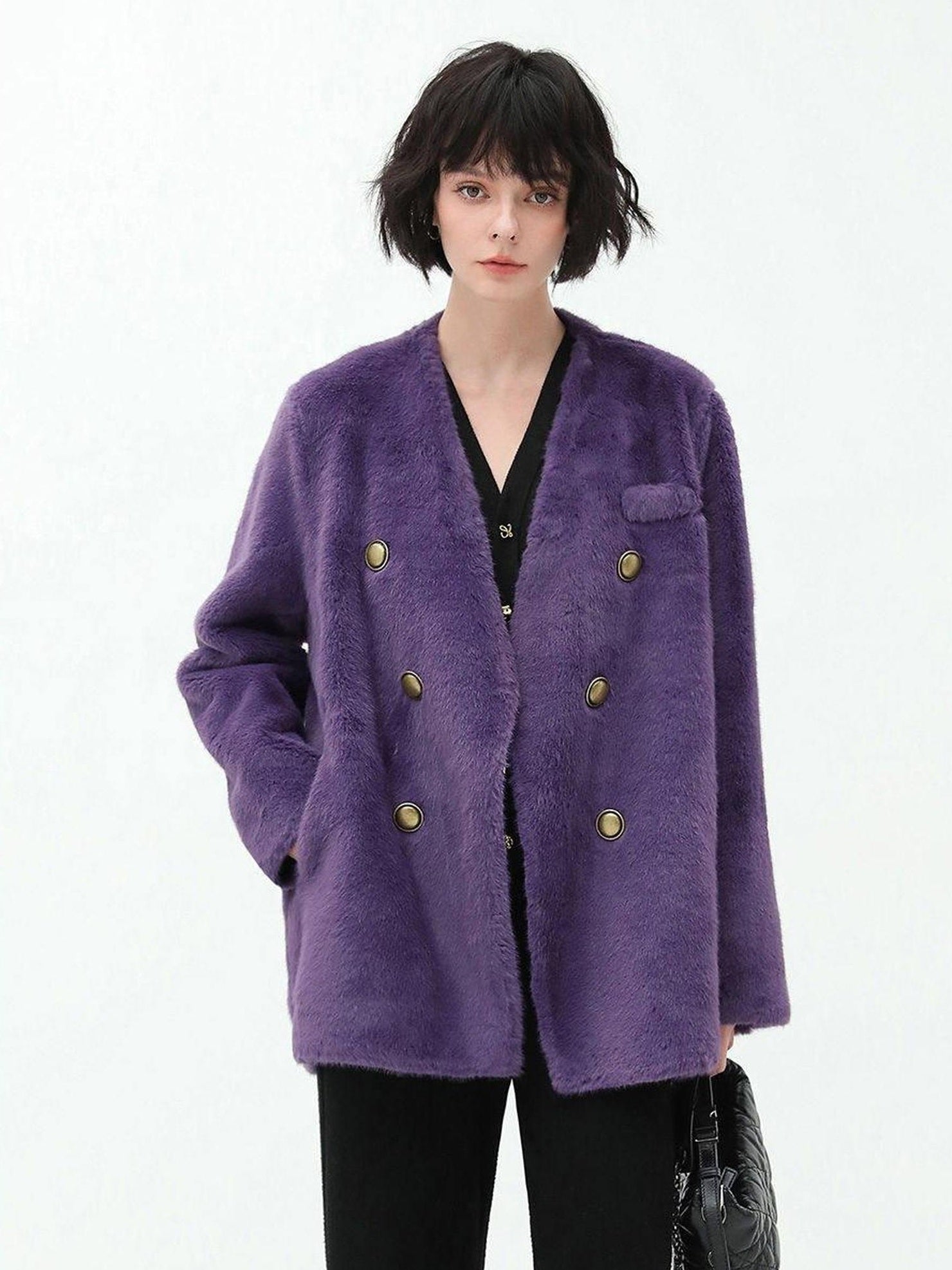 COCOBELLA Full Faux Fur Plush Tailored V Neck Office Women Regular Fit Coats